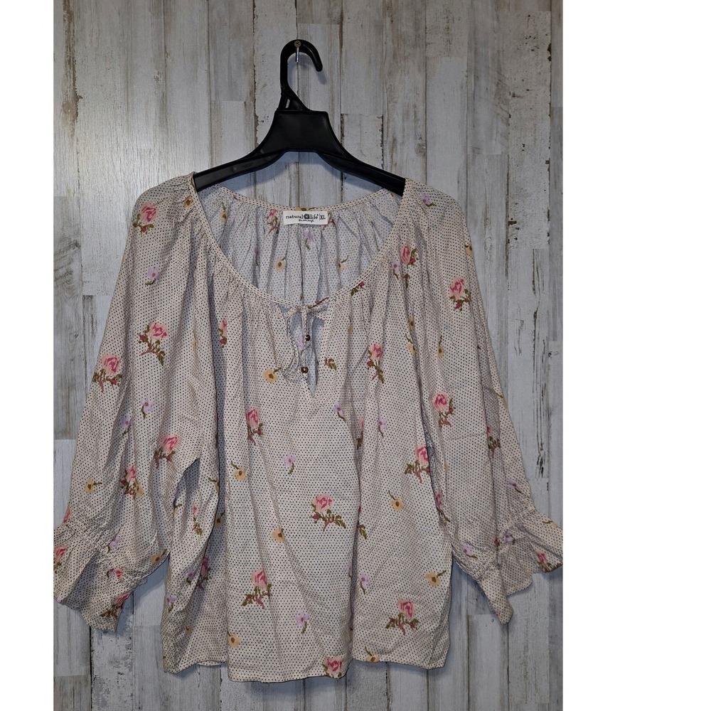 Natural Life size XL Polka dot Floral Boho Peasant Blouse Top Long sleeve Tie